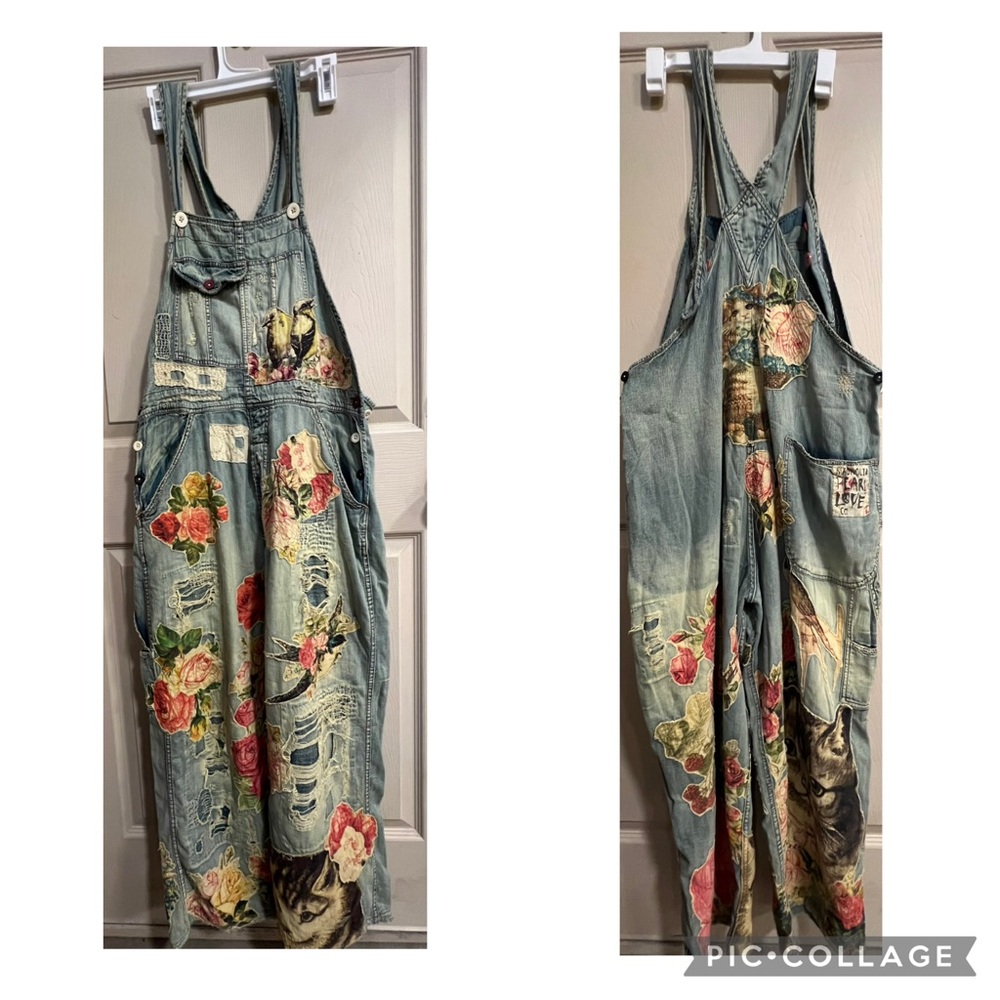 Magnolia Pearl Distressed Floral Denim Jumpsuit appliqué one size OSFM